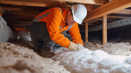A photo of a technician inspecting existing insulation in a crawl space noting areas that need to be patched or rep for maximum effectiveness. - obrazy, fototapety, plakaty