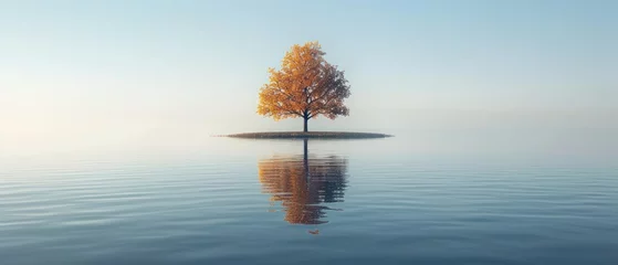 Fototapeten a lone tree on a small island in the middle of a body of water in the middle of a foggy day. © Jevjenijs