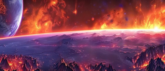 a view of the earth from space, with mountains and mountains in the foreground, and fire and lava in the background.