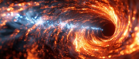 a close up of a black hole in the center of a space filled with orange and blue fire and stars. - obrazy, fototapety, plakaty