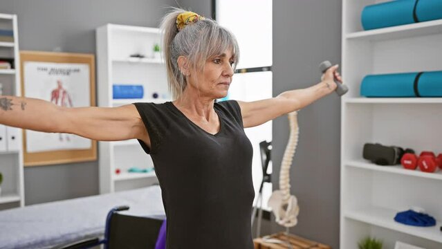 Middle-aged woman with gray hair exercises with dumbbells in a rehab clinic room, depicting health and recovery.
