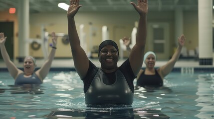 A group of retired women of different nationalities are working out in a swimming pool. Women of retirement age in the base. Group activity of women in the pool. - obrazy, fototapety, plakaty