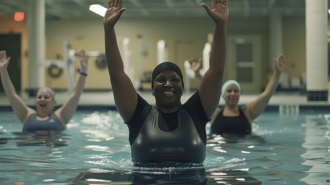 A group of retired women of different nationalities are working out in a swimming pool. Women of retirement age in the base. Group activity of women in the pool.
