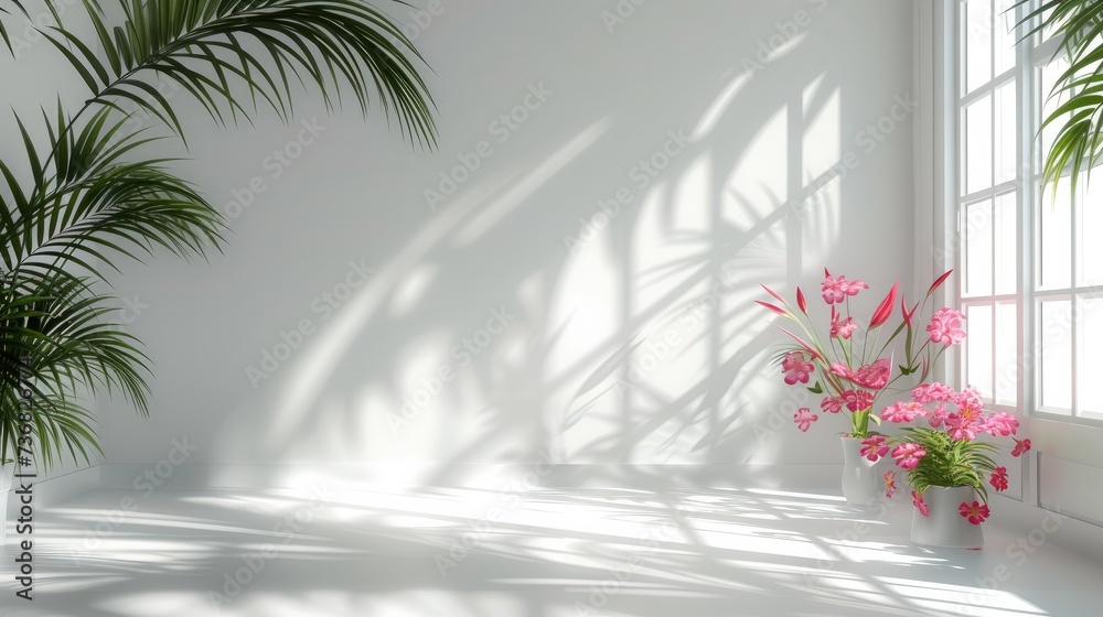 Poster Empty room with shadows of window and flowers and palm leaves with copy space. Generative AI.