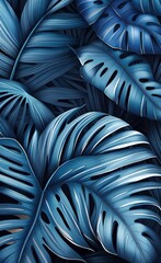blue monochrome large tropical leaves, exotic wallpaper design, pointed leaves, palm leaves, watercolor effect, modern wallpaper, mural art, Generative AI