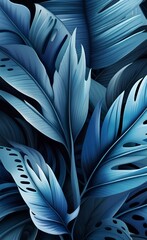 blue monochrome large tropical leaves, exotic wallpaper design, pointed leaves, palm leaves, watercolor effect, modern wallpaper, mural art, Generative AI - obrazy, fototapety, plakaty