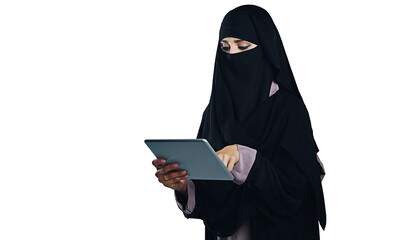 Muslim, woman and social media on tablet or online streaming in transparent or png background. Niqab, girl and scroll on website blog with tech or reading ebook, article or isolated person in burka