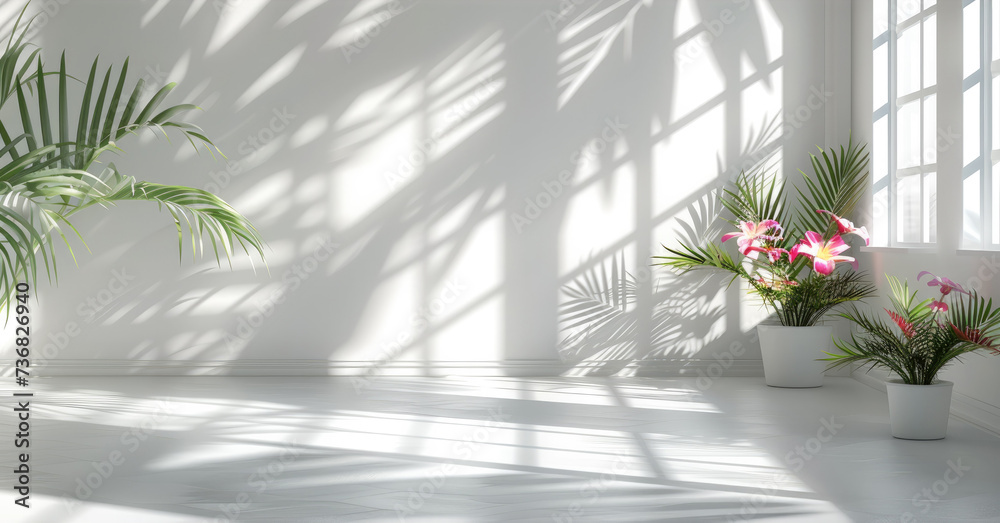 Poster Empty room with shadows of window and flowers and palm leaves with copy space. Generative AI.