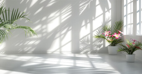 Empty room with shadows of window and flowers and palm leaves with copy space. Generative AI.