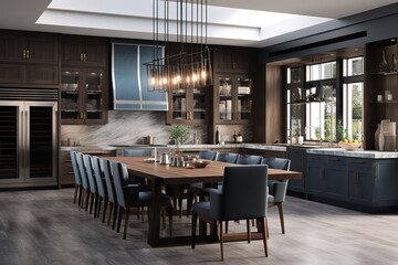 Fototapeta premium ideas for kitchen space including chairs, washing place, tap, lamp, chairs, kitchen cupboards, dining table that are simple and minimalist but still give a clean and elegant impression.