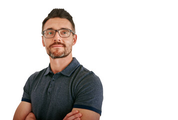 Mature man, face and entrepreneur with vision in glasses, smile and business with smart clothes on png transparent background. Businessman, professional and manager with growth and opportunities.