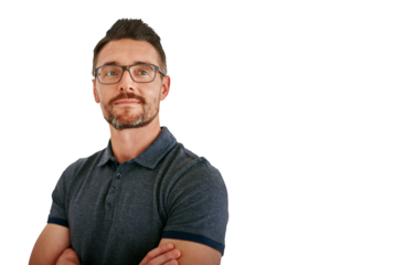 Mature man, face and entrepreneur with vision in glasses, smile and business with smart clothes on png transparent background. Businessman, professional and manager with growth and opportunities.
