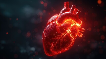  Glowing Human Heart Illustration, luminous 3D illustration of a human heart radiates with light, depicting the organ's complexity and vitality against a dark, bokeh background - obrazy, fototapety, plakaty
