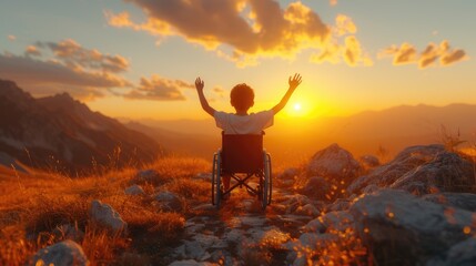 Triumph at Mountain Sunset in Wheelchair, Silhouetted against a fiery sunset sky, a person in a wheelchair raises their arms in triumph on a mountain, a celebration of overcoming and accessibility
