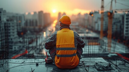Contemplative Worker at Sunrise, construction worker in a high-visibility jacket sits in reflection, overlooking a cityscape at sunrise, symbolizing planning and potential