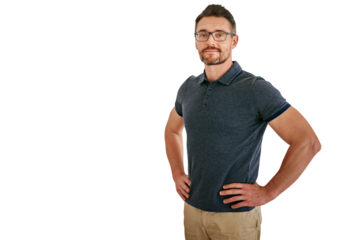 Portrait, glasses and confidence of business man isolated on a transparent png background. Face, spectacles and creative professional, designer and casual entrepreneur working in Canada for career