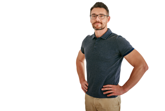 Portrait, glasses and confidence of business man isolated on a transparent png background. Face, spectacles and creative professional, designer and casual entrepreneur working in Canada for career