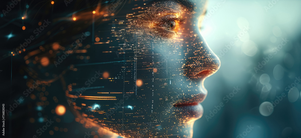 Poster human with digital information facing into the future, in the style of majestic composition, serene 