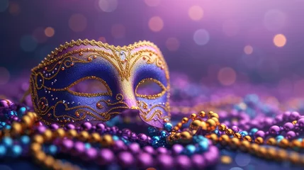 Gardinen Violet Mardi Gras carnival mask and beads on purple background © Anastasiia