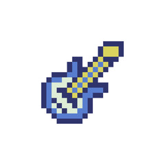 Guitar musical instrument pixel art icon. Isolated vector illustration. 8-bit sprite. Design stickers, logo, mobile app.