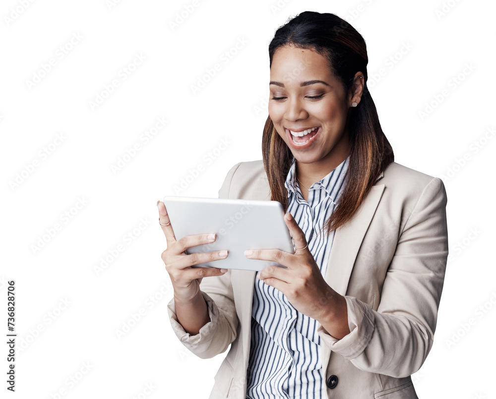 Poster business woman, happy and tablet for internet research and social media for online networking. it co