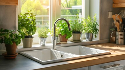 Bright kitchen window sill with a variety of potted herbs, sunny daylight, and a clear sink. Ideal for articles on urban gardening and home decor. - Powered by Adobe