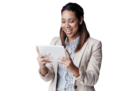Business woman, happy and tablet for internet research and social media for online networking. IT consultant, positive and reading on technology for email and isolated on transparent png background