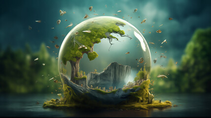 Obraz na płótnie Canvas surreal landscape, serene trees and verdant landscape within a crystal sphere, ideal for backgrounds in eco-themed projects and green technology
