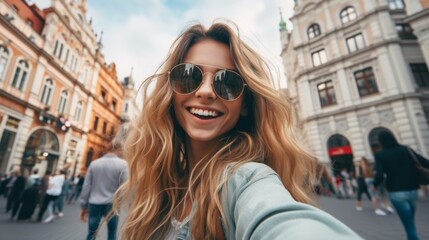 Joyful young woman taking a selfie in an urban street, happiness and lifestyle concept.
