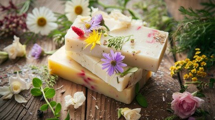 Fototapeta na wymiar Handcrafted natural soaps surrounded by fresh flowers and herbs, organic and beauty concept.