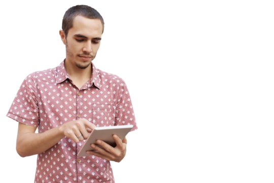 Tablet, isolated or man typing on social media, chat app or internet website for online information. Networking, research or entrepreneur reading on digital technology on transparent png background