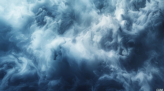 Abstract textures in shades of grey and blue reminiscent of stormy cloudy skies and billowing smoke.
