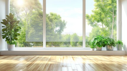 Fototapeta premium Bright room with floor-to-ceiling windows overlooking a lush garden, with potted plants on the sill. Ideal for real estate, architecture, and design.