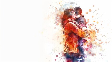 Watercolor illustration of a mother and child embrace, symbolizing love, family, and Mother's Day.