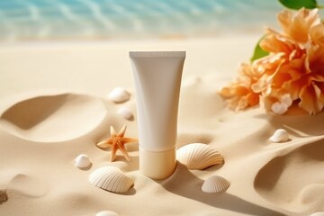 Sunscreen in white plastic tube. Studio photo shoot with sand, shells and white stones. Sand-colored environment. Sunscreen with UVA and UVB protection. Summer atmosphere. Landscape format.