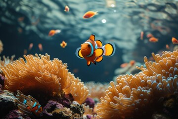Clown fish under the sea, algae and corals. Generative AI.