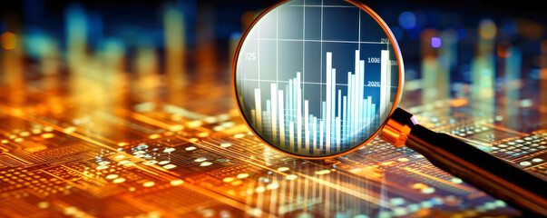 Magnifying Glass on Circuit Board – Exploring Technology Up Close. Business Control over quotes and shares. Market research. Trader.