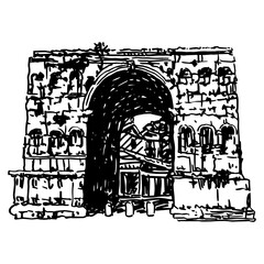 The Arch of Janus in Rome, Italy. Ancient Roman historical architectural monument. Hand drawn linear doodle rough sketch. Black and white silhouette.