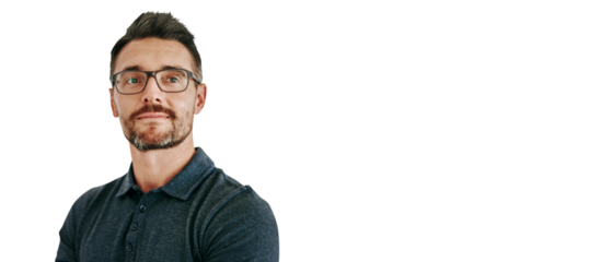 Mature man, business and thinking in confidence with vision, smile and entrepreneurship development on png transparent background. Businessman, professional and happy for start up and opportunities.