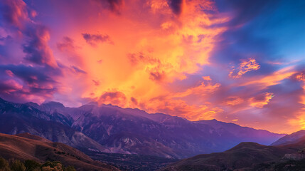 Capture the awe-inspiring moment of a vibrant skyline with a panoramic view of mountains at sunset, sky array of colors, warm oranges and pinks to deep purples and blues,natural