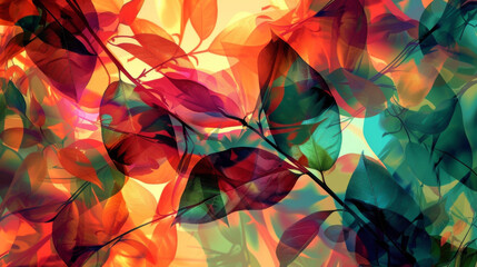 A symphony of colors and shapes this abstract digital nature background features a seamless fusion of natural elements such as leaves and branches with abstract digital patterns