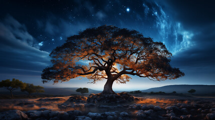 Un vieil arbre solitaire murmure des secrets au vent nocturne, écoutant les étoiles dans la quiétude de la nuit. - obrazy, fototapety, plakaty