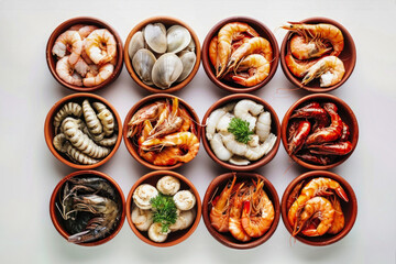 Assorted Bowls of Food With a Variety of Seafood Options