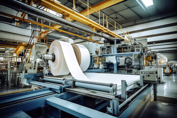 Automated equipment for paper production. Paper production plant. Machines that roll paper into rolls.