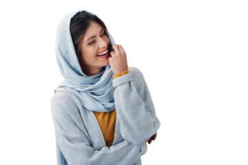 Fashion, smile and young muslim woman with hijab for casual, trendy and modern outfit. Happy, head scarf and islamic person with traditional religion style isolated by transparent png background.