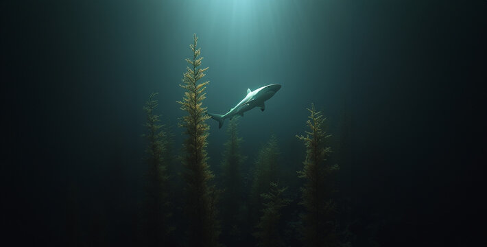 Shark in the ocean. 3D render. Underwater world.Underwater view of a shark swimming in the sea. 3d render,Picture shows a Carcharodon carcharias, in the Red Sea.