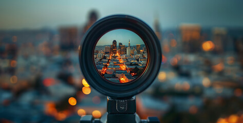 Camera view of a city at sunset. Blurred cityscape. - obrazy, fototapety, plakaty