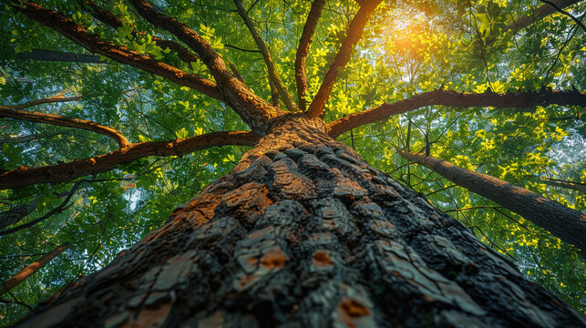 looking up at the tops of tall trees in a forest. Tree with green Leaves and sun light. Bottom view background