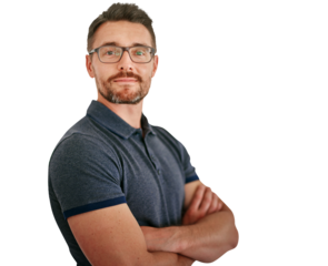 Mature man, face with arms crossed and glasses, vision and confident with isolated on png transparent background. Entrepreneur, pride and boss with eyewear in portrait, casual outfit and tshirt