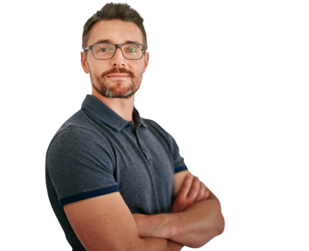 Mature man, face with arms crossed and glasses, vision and confident with isolated on png transparent background. Entrepreneur, pride and boss with eyewear in portrait, casual outfit and tshirt